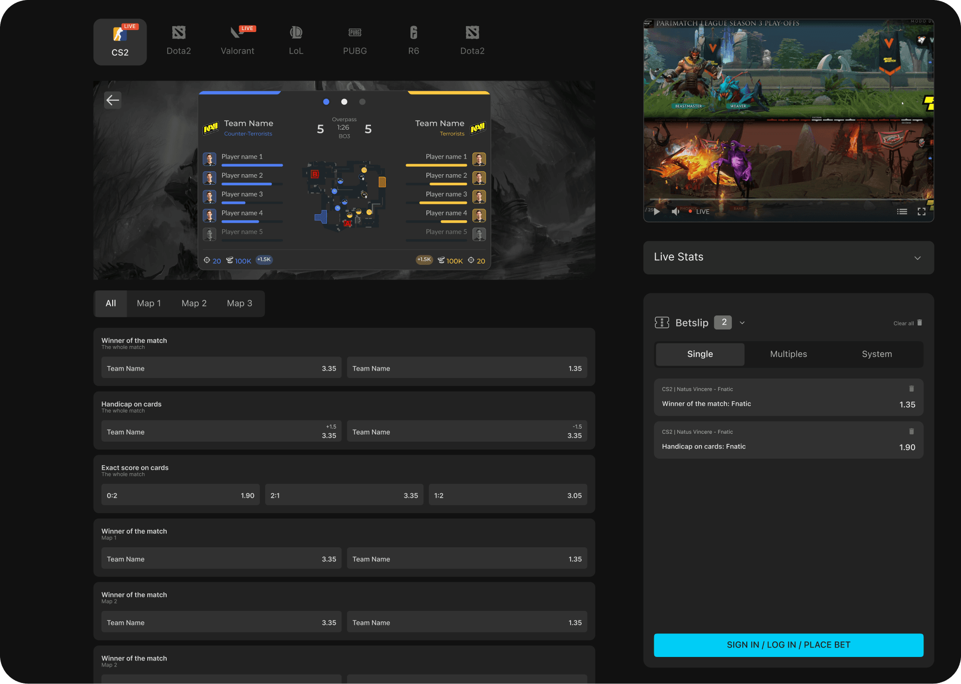 GRID Odds live esports betting product with markets, live video, and betslip