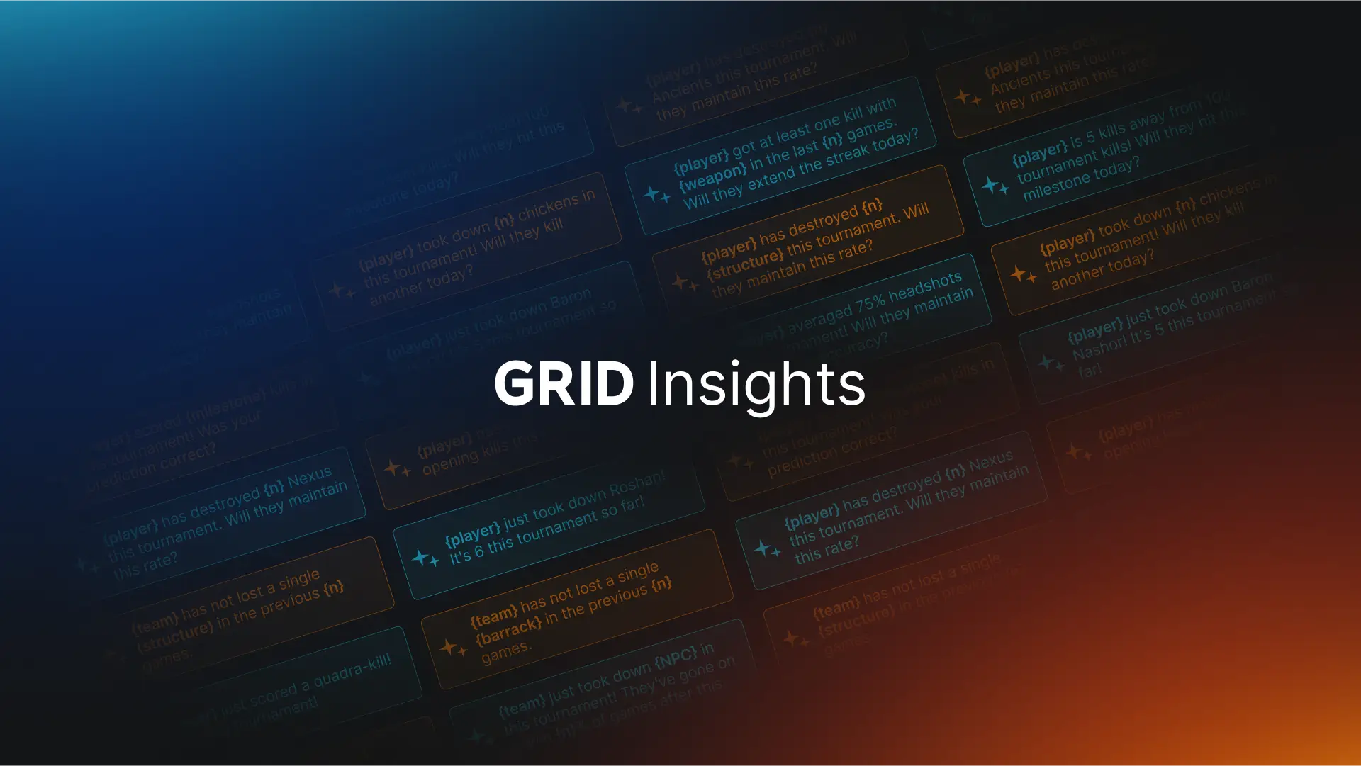A dark, abstract background with glowing blue and orange gridlines overlaid with white text \"GRID Insights\" prominently in the center. Around the central text are various blurred examples of data points and questions, suggesting real-time analysis of esports tournament events, such as player kills, structure destruction, and team performance, with predictive questions about maintaining rates or extending streaks. The overall purpose of the image is to visually represent the concept of data-driven insights and real-time AI context in esports, specifically for GRID Insights.
